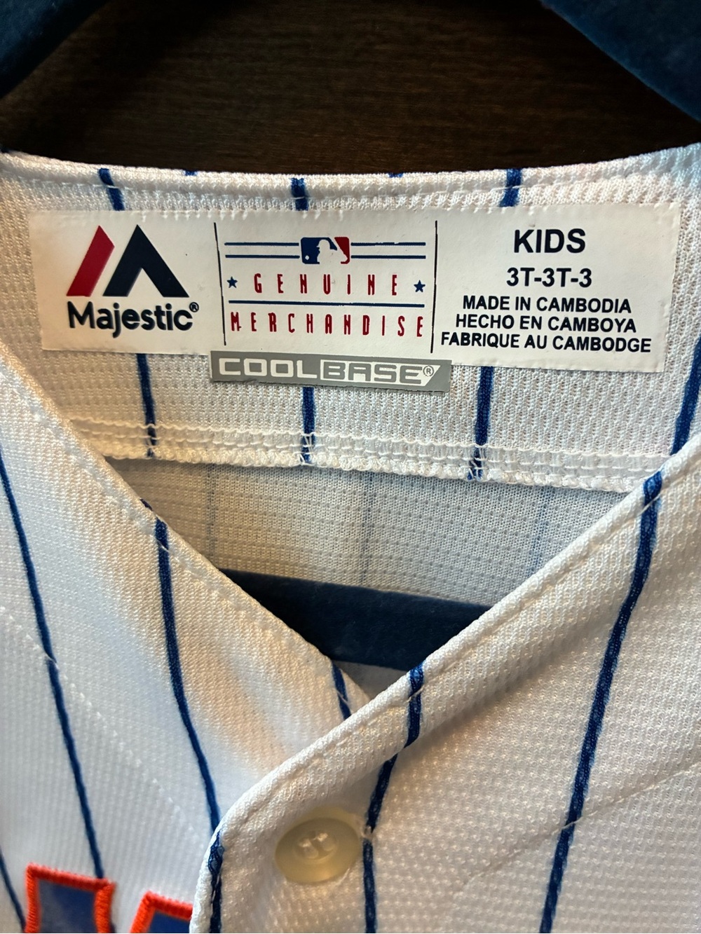 Majestic Kids White Pinstripe Mets Baseball Jersey with Blue and Orange Logo - Picture 2 of 2